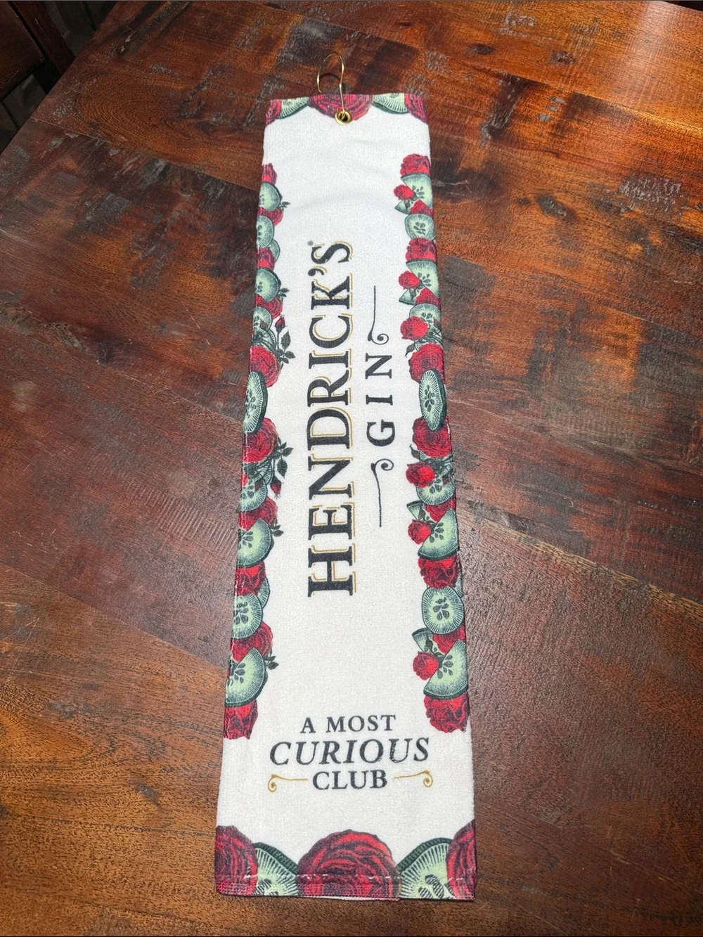 Hendrick's Gin Branded Golf Towel White with Red & Green Floral Trim